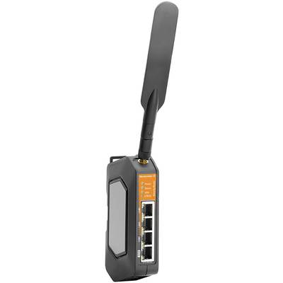 Industrial router with antenna, four Ethernet ports, and status LEDs for power, signal, and network on the front panel.