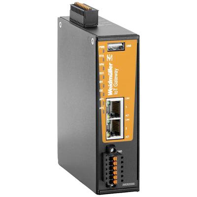 The image depicts an industrial IoT gateway from Weidmüller. It features multiple connections and LEDs that indicate operational status.