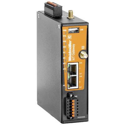 A Weidmüller IoT gateway device with Ethernet ports, USB connection, and LED indicators, suitable for industrial network applications.