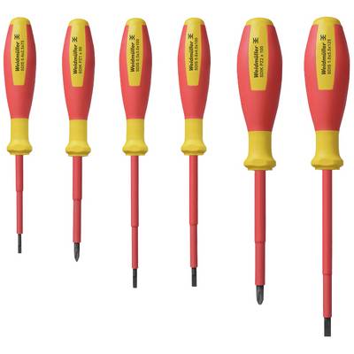 Six different screwdrivers with red handles and yellow tips arranged side by side.