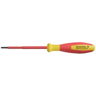 Insulated screwdriver with red and yellow handle, marked 'Weidmüller' and inscribed 'SDS 0.5x3.0x100'.