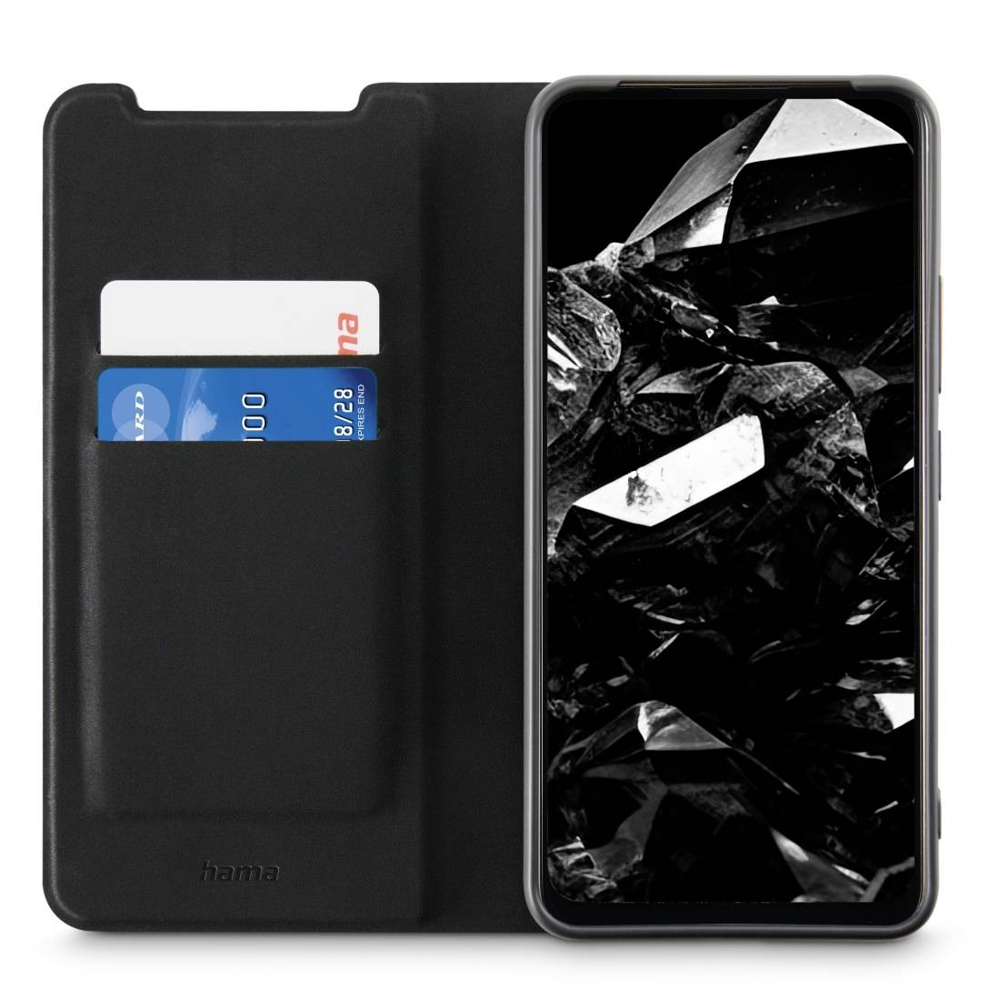 Smartphone with a black, glossy design in a black case featuring a credit card and ID card pocket.