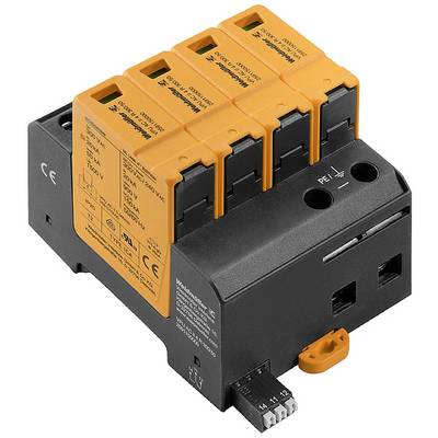 A surge protection device with multiple orange modules mounted on a black base, labelled in black and white.