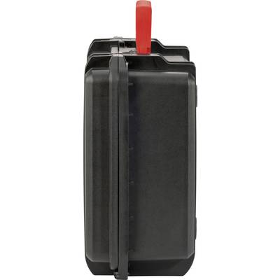 Black and grey hard-shell suitcase with a red handle at the top, standing vertically.