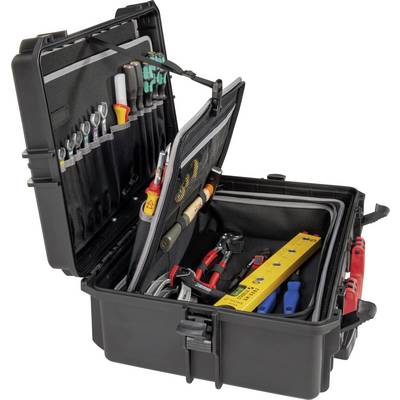 An open black toolbox displays various tools such as spanners, screwdrivers and pliers securely stored.