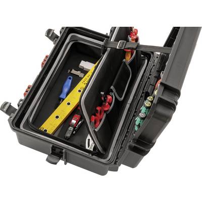 An open black toolbox displaying neatly arranged tools such as screwdrivers, tape measure, and small components.
