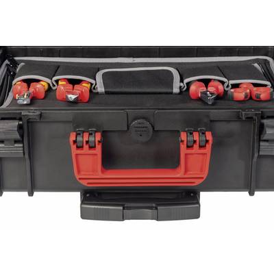 Tool case with a red handle, opened, showing several screwdrivers secured in loops. Black and red design.