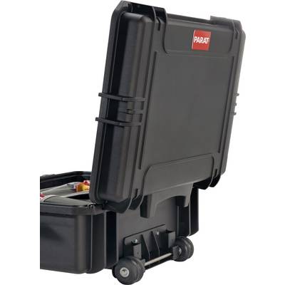 Black tool case with wheels and raised lid, 'PARAT' brand, showing two internal compartments for tool storage.