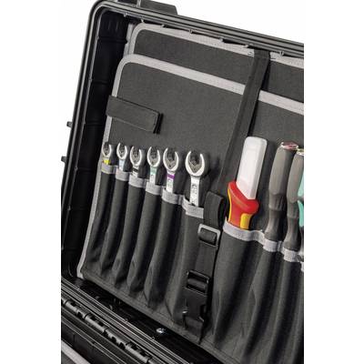 An open toolbox displays various spanners and screwdrivers in neatly organised pocket compartments.