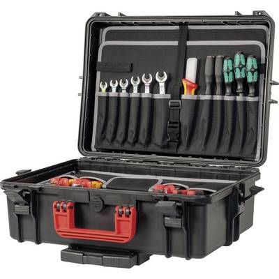An opened toolbox with various tools, including screwdrivers, spanners, and pliers, neatly sorted and arranged.