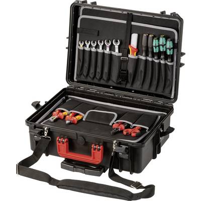 An opened toolbox with various coloured tools, including spanners, pliers, and screwdrivers, neatly arranged.