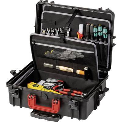 Open toolbox with various hand tools such as spanners, hammer, pliers and screwdrivers.