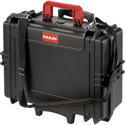 Black hardshell suitcase with red handle, marked with 'PARAT', and fitted with an adjustable shoulder strap.