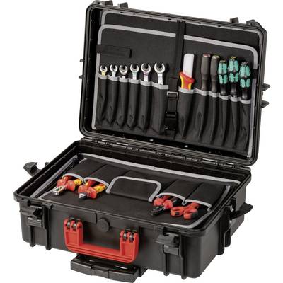 An open black toolbox with a red handle displays neatly arranged tools, including screwdrivers, pliers, and spanners.