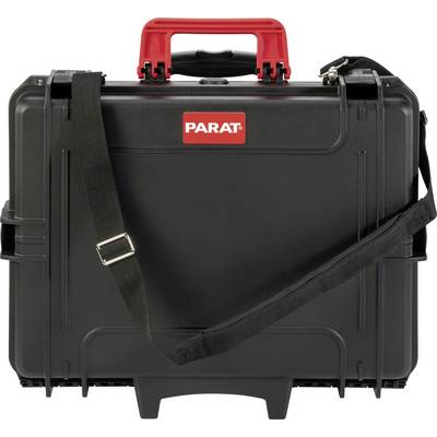 Black tool case with red handle and black carrying strap, 'Parat' brand, rectangular shape, robust design.
