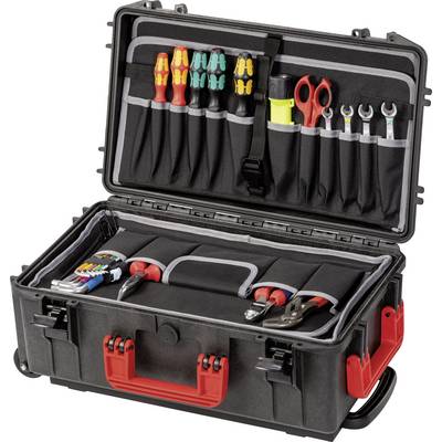 A tool case with an open lid displays sorted screwdrivers, pliers, spanners, and other handy tools.