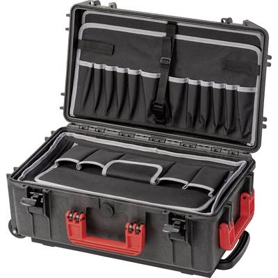 A robust plastic tool case with multiple compartments and pockets, suitable for the secure transportation of tools.