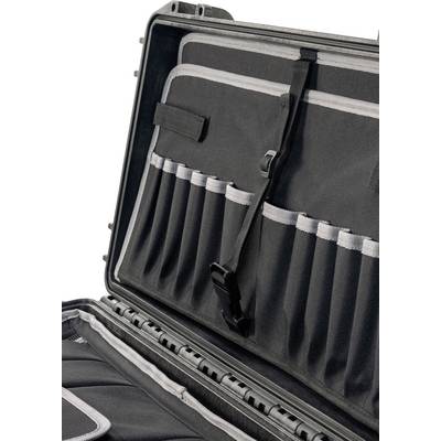 Open black suitcase with multiple compartments and straps for organising items.