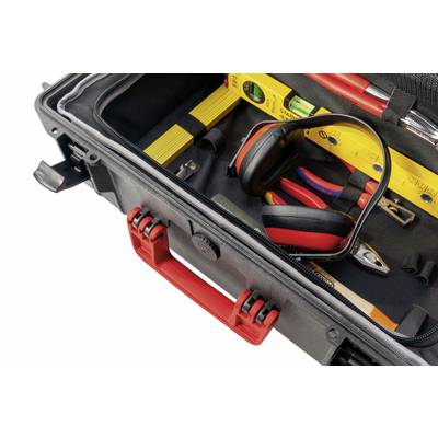 A toolkit with red handles, containing a spirit level, safety goggles and pliers. Perfectly organised for construction or DIY works.