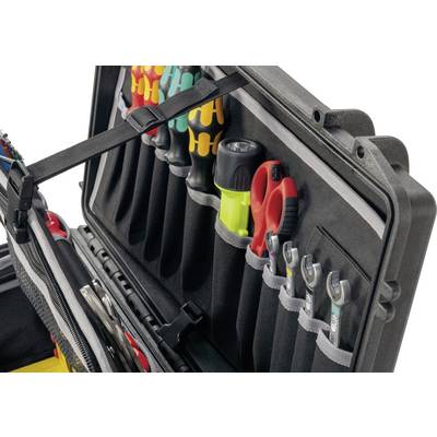 Toolbox with various tools, including screwdrivers, spanners and insulated pliers, sorted in compartments.