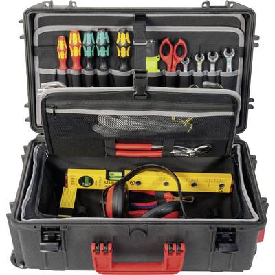 An open toolbox with screwdrivers, spanners, tape measure, spirit level and pliers, neatly arranged.