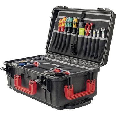 A black tool case with an open lid displays various tools, including screwdrivers and spanners, neatly arranged.
