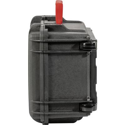 Black, rectangular hard-shell case with red handle and sturdy metal hinges, perfect for secure transportation.