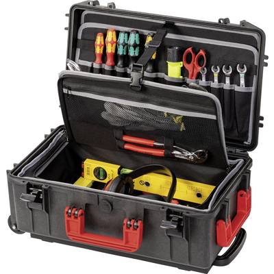 Opened toolbox with screwdrivers, pliers, spanners, and measuring instruments. Electrician's service equipment.