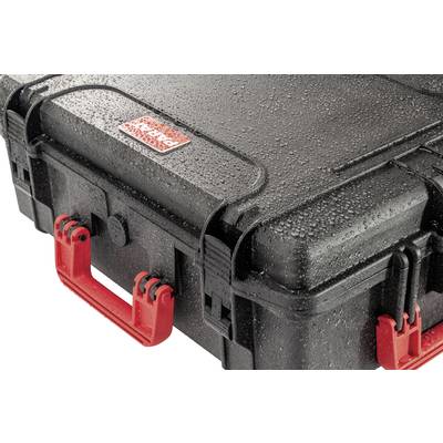 Black waterproof case with red handle and water droplets on the surface.