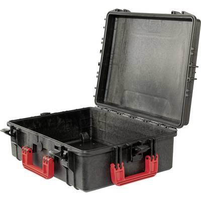 Black, open tool case with red handle, empty, made of durable plastic. Ideal for transporting and protecting tools.