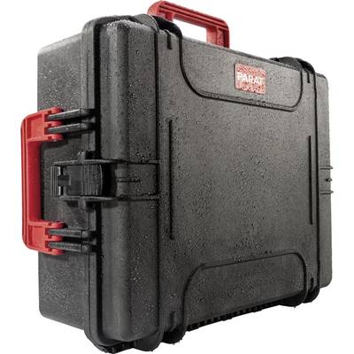 A robust, black protective case with a red handle and fasteners, showing light water droplets on the surface and the brand logo.