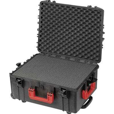 A black foam case with an open lid and red handles, suitable for safely transporting delicate equipment.