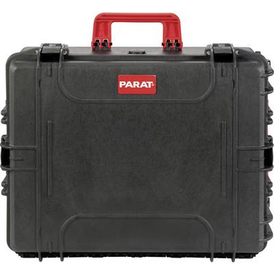 A black, robust suitcase with a red handle and a red 'PARAT' logo in the centre of the front panel.