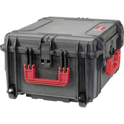 A black suitcase with a red handle and wheels, robustly designed, presumably impact-resistant and water-repellent, ideal for secure transportation.