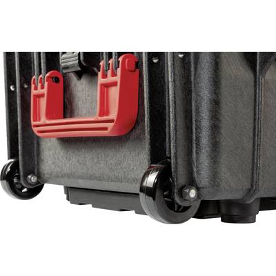 A black plastic case with red handles and wheels. Suitable for transporting delicate equipment or tools.