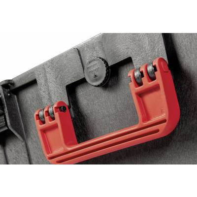 Black plastic box with a red, folding handle and a black pressure regulator knob.