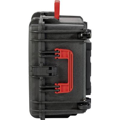 Black, robust suitcase with red handle and red closure mechanism; side view; suitable for transporting tools or equipment.