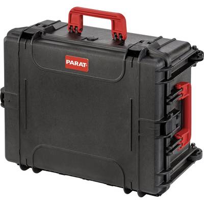 Black, robust carry case with red handle and fastenings, brand 'PARAT'. Ideal for secure transportation of equipment.