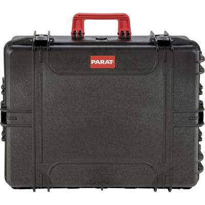 A black, robust suitcase with a red handle and the 'PARAT' logo on the front, suitable for securely transporting tools.