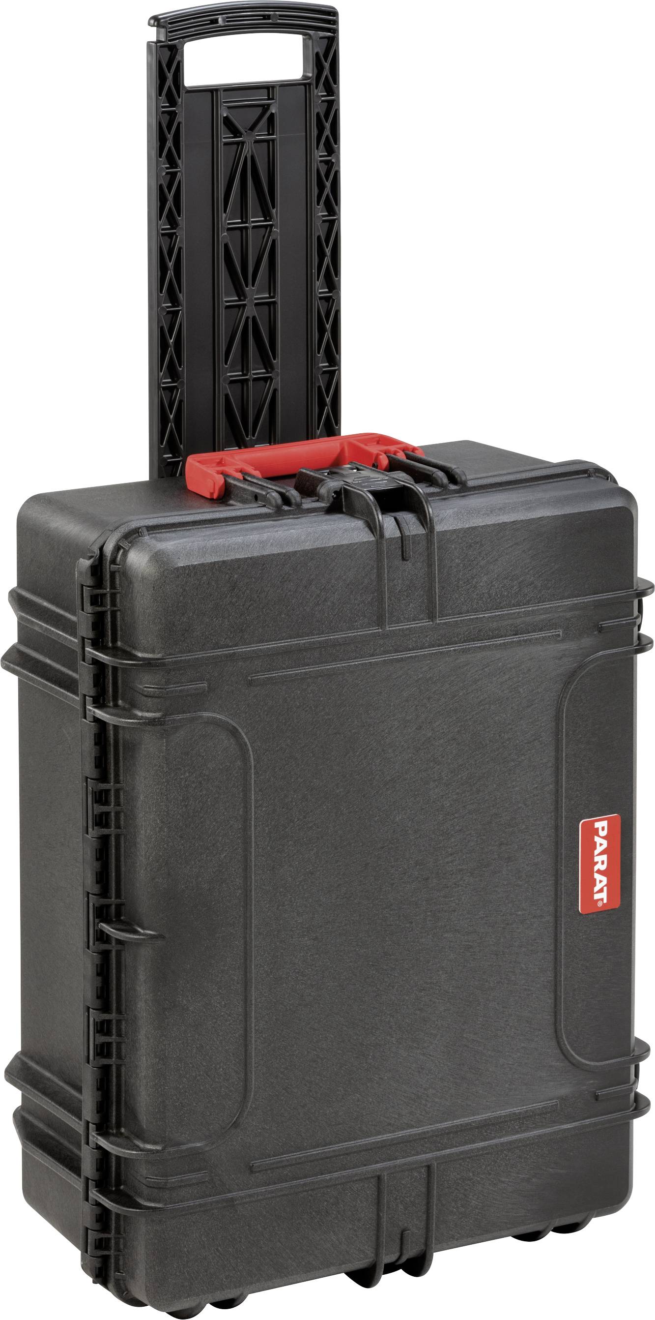 Black rolling suitcase with red handle, robust and weatherproof, suitable for the secure transportation of delicate equipment.