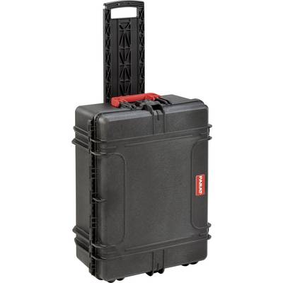 Black rolling suitcase with red handle, robust and weatherproof, suitable for the secure transportation of delicate equipment.