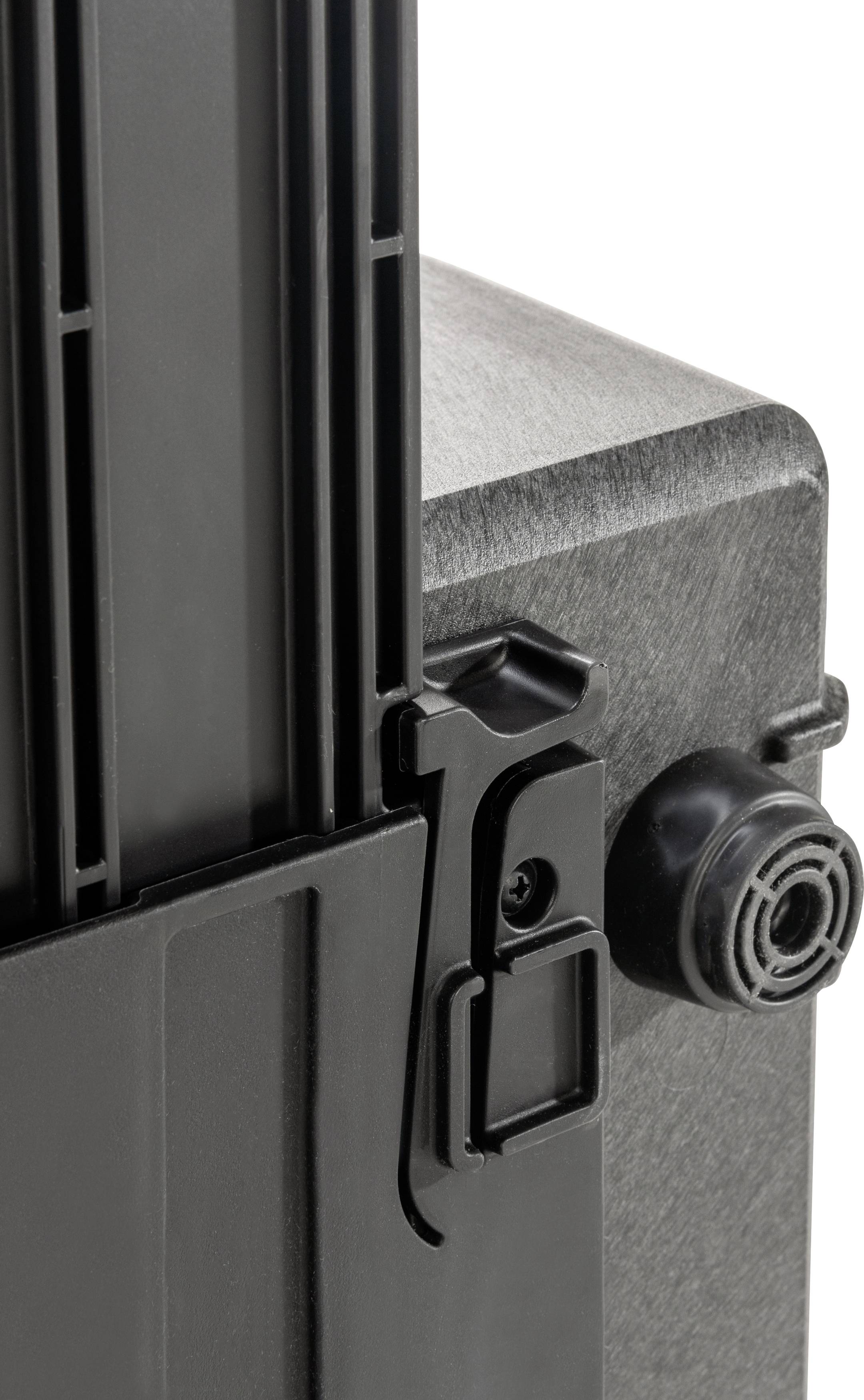 A black suitcase with a detailed image of the locking mechanism and handle. Suitable for secure storage or transportation.