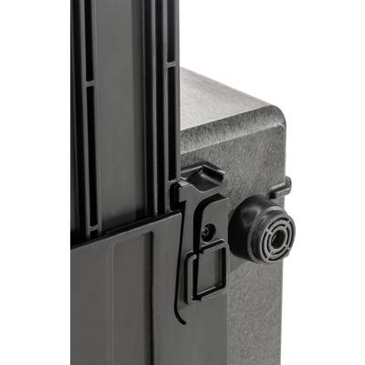 A black suitcase with a detailed image of the locking mechanism and handle. Suitable for secure storage or transportation.