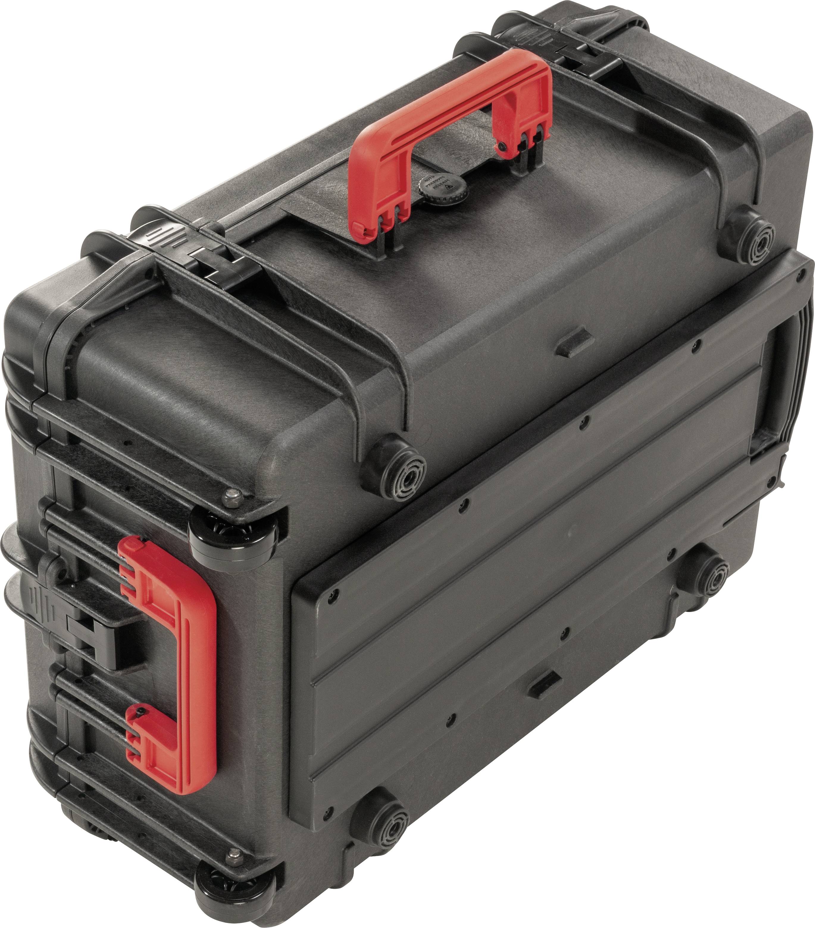 Black hard-shell suitcase with red handle, positioned sideways. Robust design, suitable for secure transportation of delicate equipment.