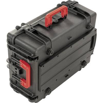 Black hard-shell suitcase with red handle, positioned sideways. Robust design, suitable for secure transportation of delicate equipment.