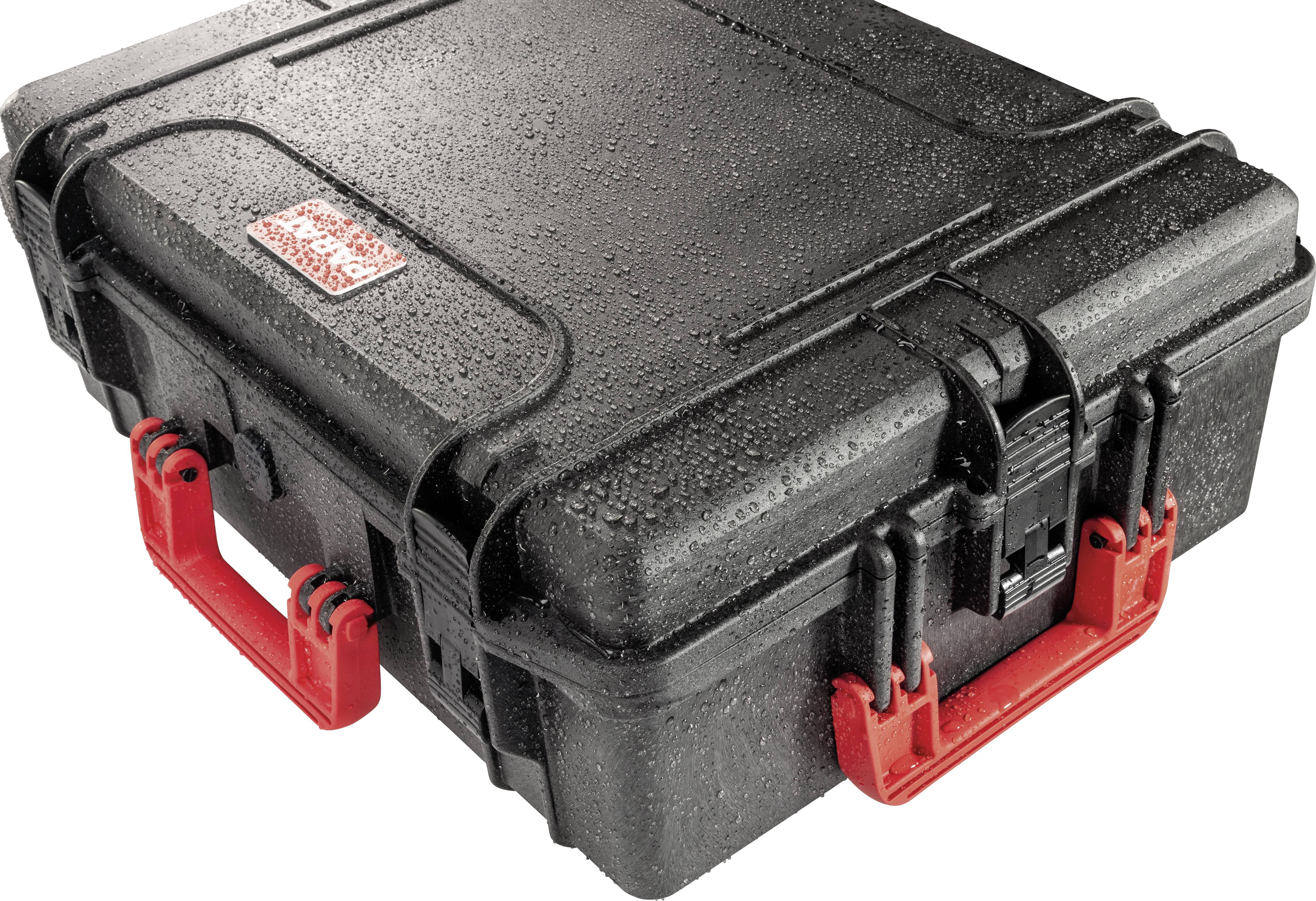 Black, waterproof hard-shell suitcase with red handles, covered in water droplets.