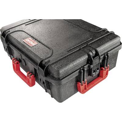 Black, waterproof hard-shell suitcase with red handles, covered in water droplets.