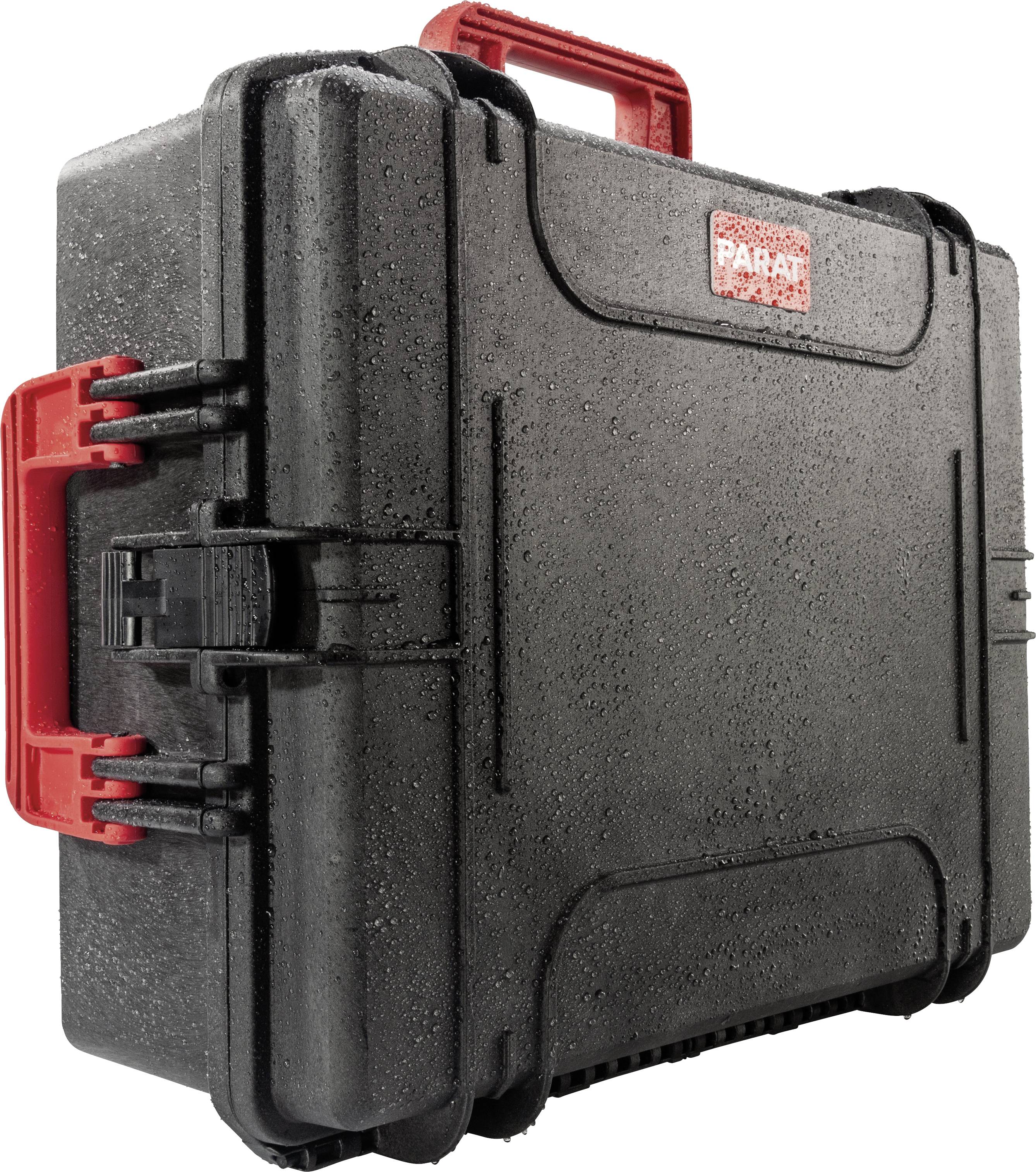 Black, robust tool case with red handle and latches, rain resistance evident. 'Parat' brand logo visible.