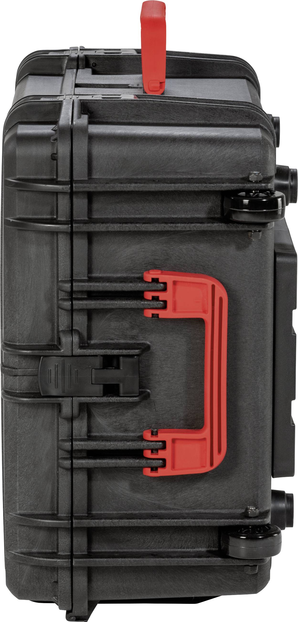 Black hard-shell suitcase with red carry handle and red closure on the top, standing in side view.