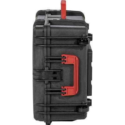 Black hard-shell suitcase with red carry handle and red closure on the top, standing in side view.